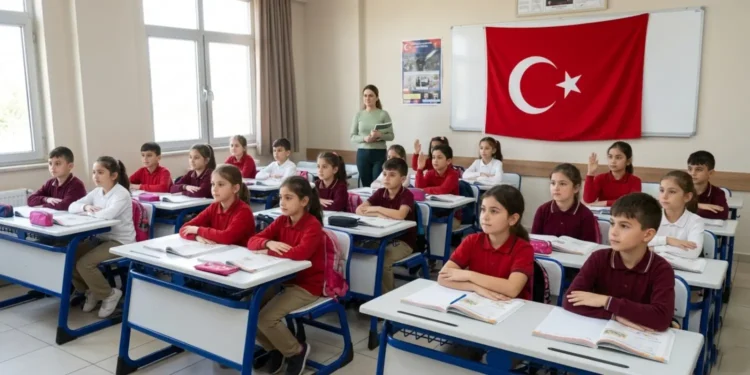 Türk bayrağıasılı sınıfta öğretmen ve öğrenciler