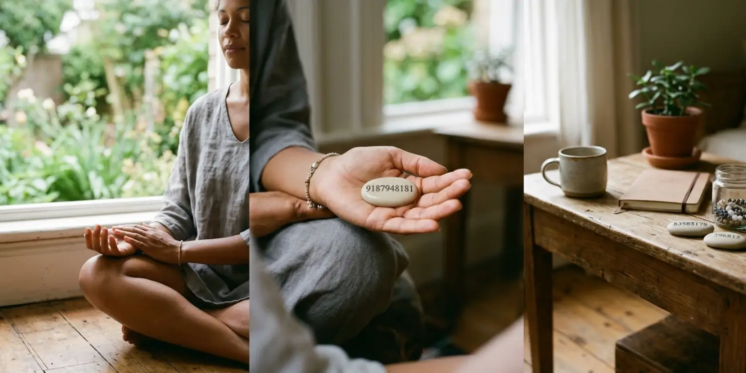 Meditasyon yapan kadın, doğal taşlar ve Grabovoi sayıları