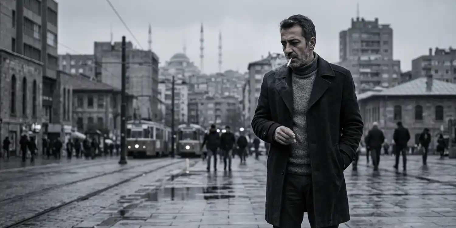 Siyah beyaz şehir manzarasının ortasında sigara içen adam