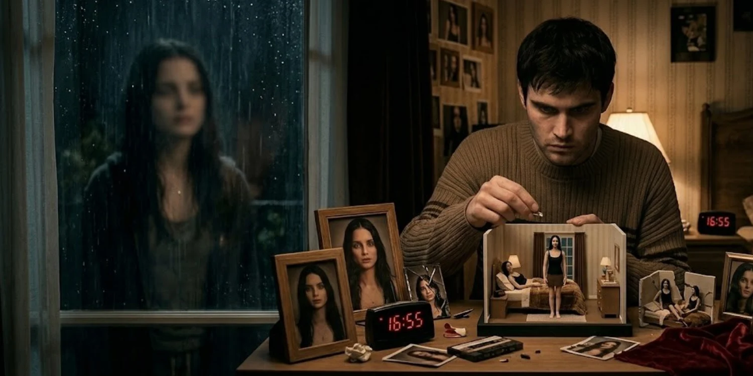 Obsession film Nikki karakterinin çerçevede resimleri, elinde resim tutan Bear karakteri