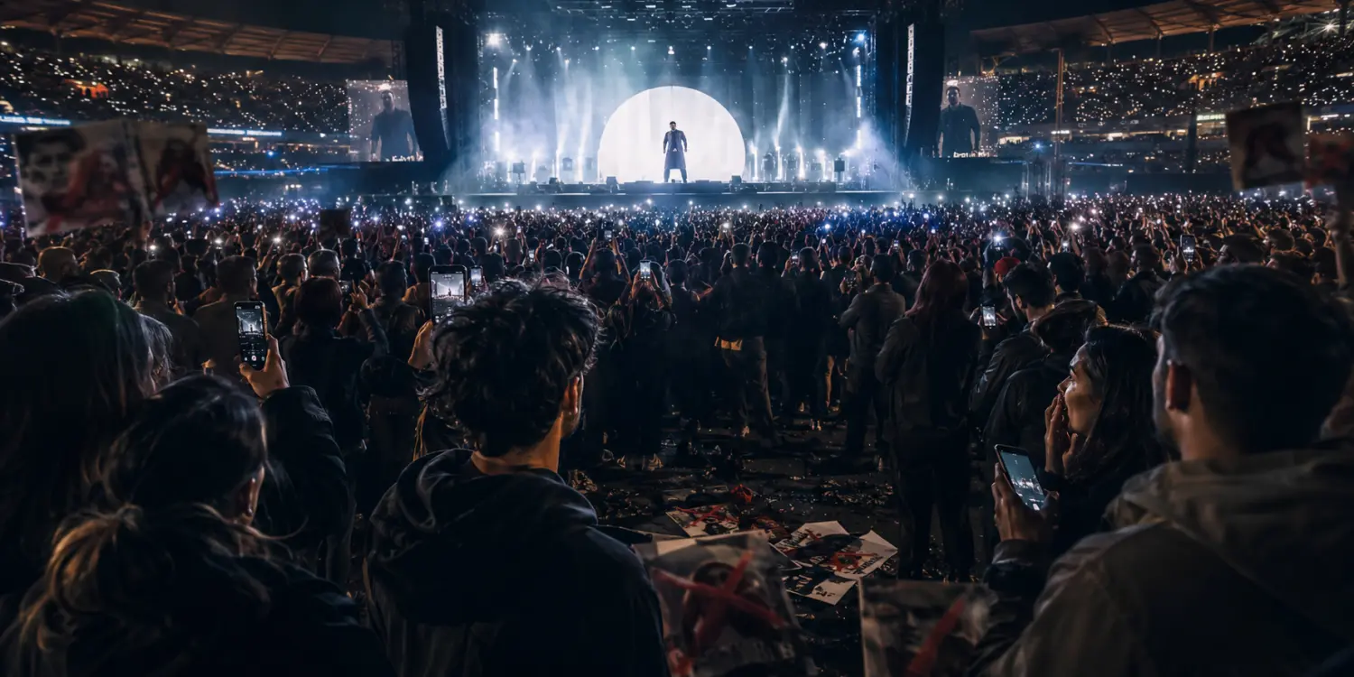 Konser dinleyicileri ve üstünde çarpı işaretli resimler sinematik görsel