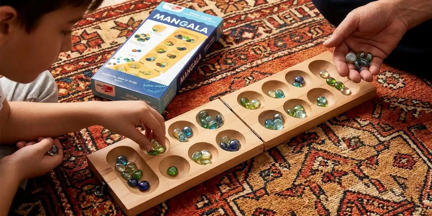 Mangala kutu oyunu oynayan çocuk ve ebeveyni