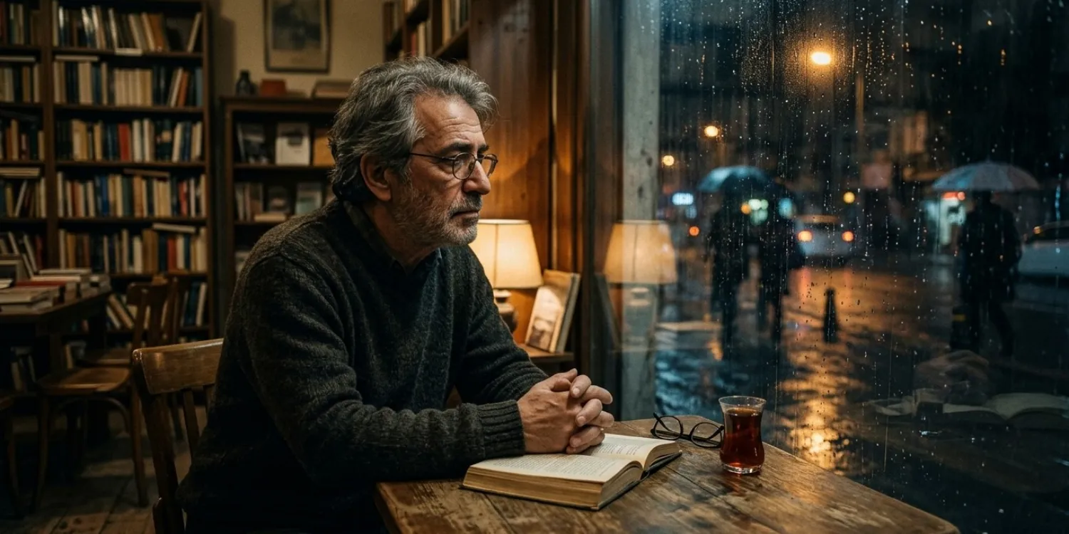 Kitap kafede oturmuş akşam yağmurunda dışarıdaki insanları izleyen adam, masasında gözlük, kitap ve çay