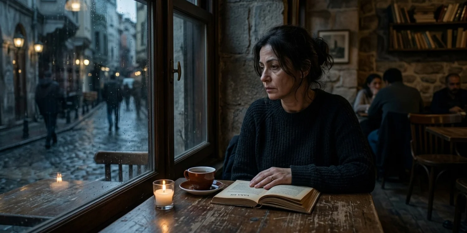 Kafede yağmurlu havaya dalgınca bakan kadın, önünde kitap çay ve küçük mum